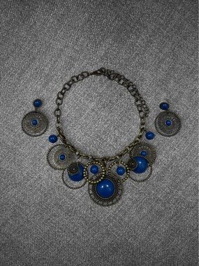 Vintage Blue Stone Statement Necklace And Earring Set